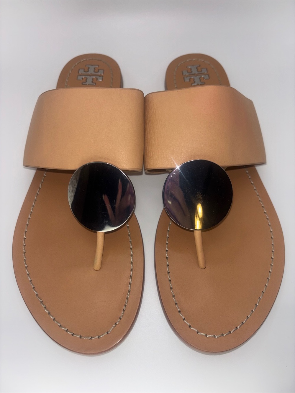 Tory Burch Tan Leather Slide Sandals with Metallic Disc